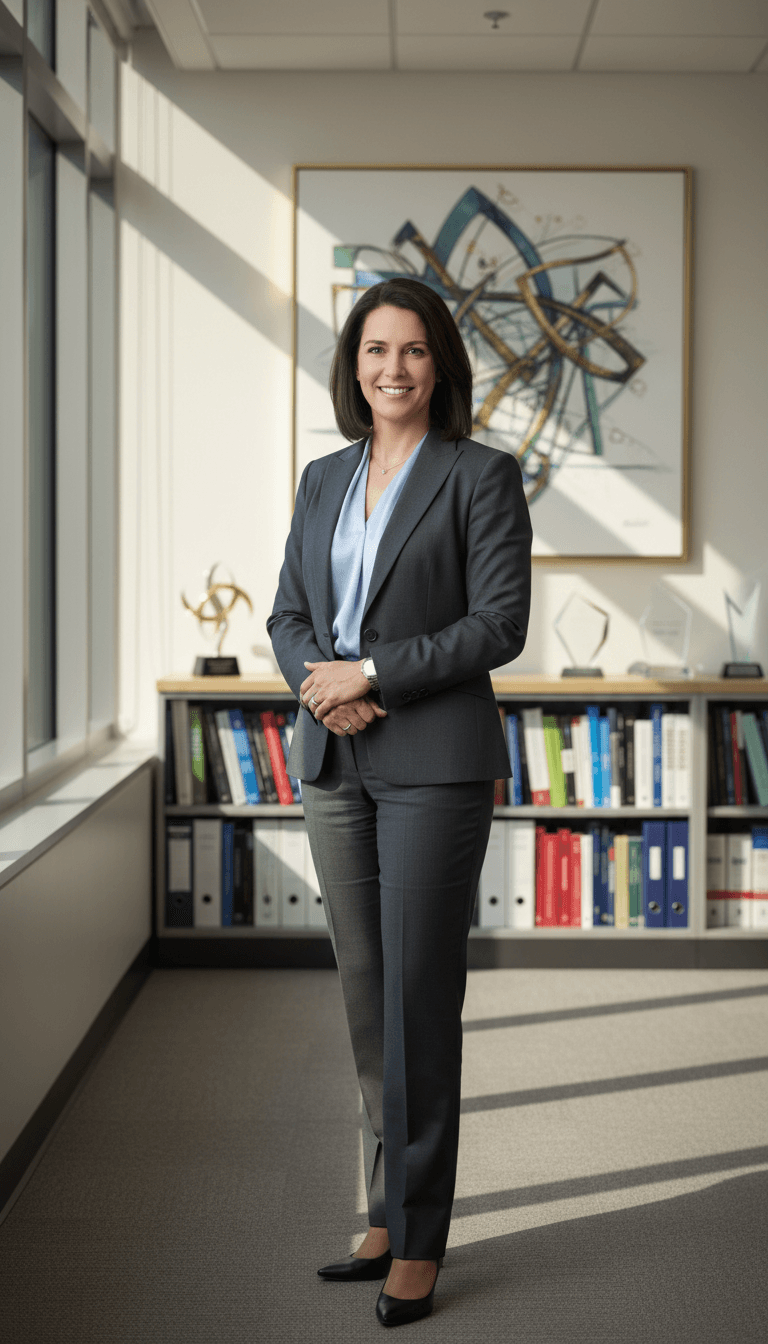 Confident innovation program director standing in modern office environment conveying expertise, credibility, and approachability Confident innovation program director standing in modern office environment conveying expertise, credibility, and approachability